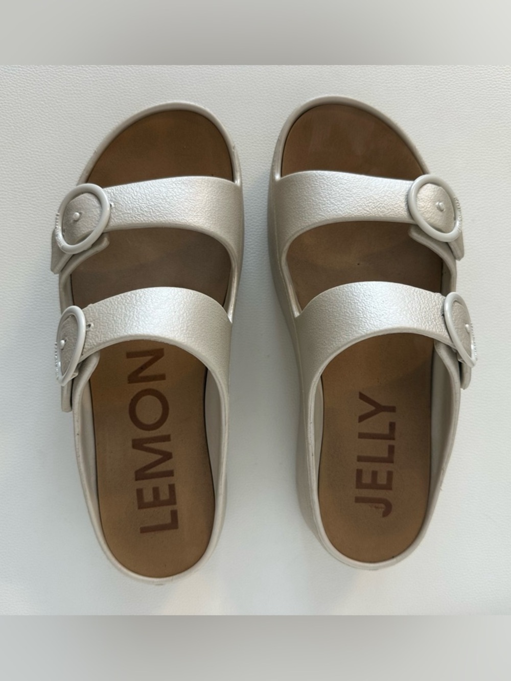 Lemon Jelly Double Strap Slides Sandals Size 40 (US 9) – Beige / Pearl – Comfort
